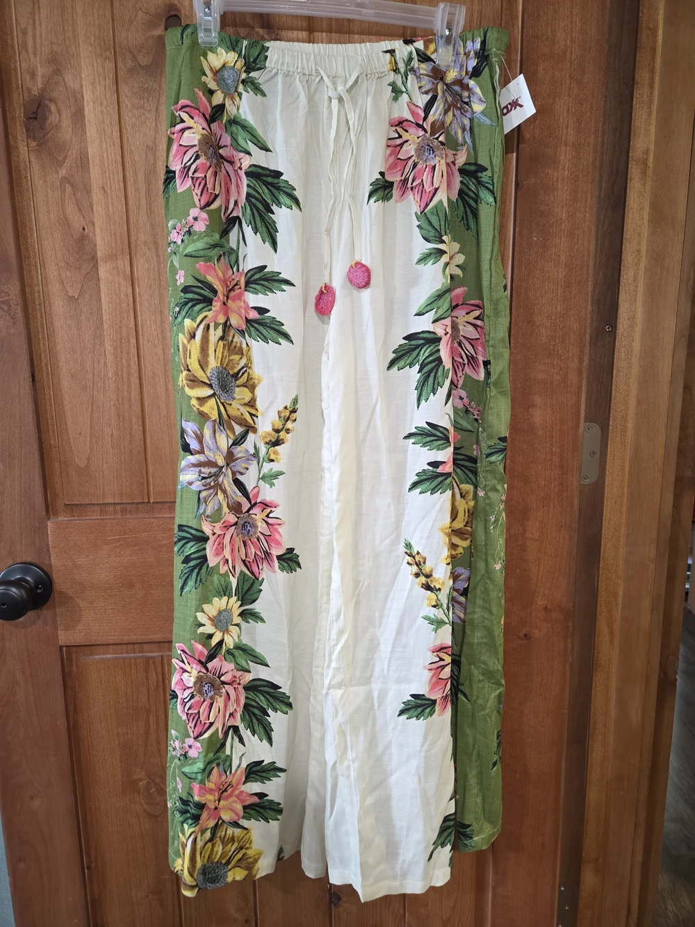 Green and Cream Floral Wide-Leg Pants with Pom-Tie Waist